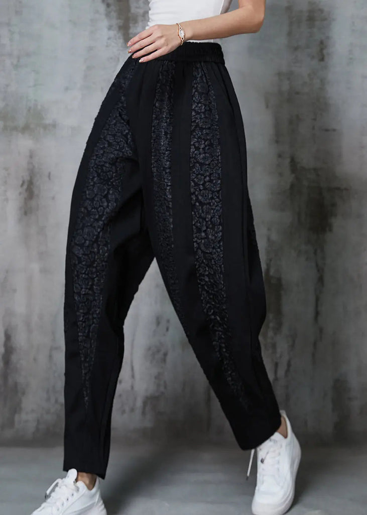 Elegant Black Oversized Patchwork Jacquard Cotton Pants Spring Ada Fashion