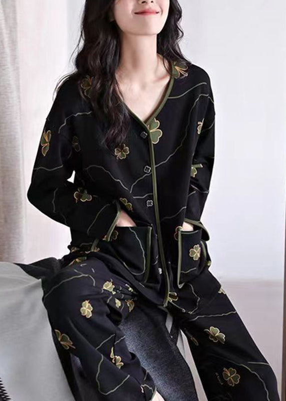 Elegant Black Print Button Cotton Two Pieces Set Long Sleeve XS1020 Ada Fashion