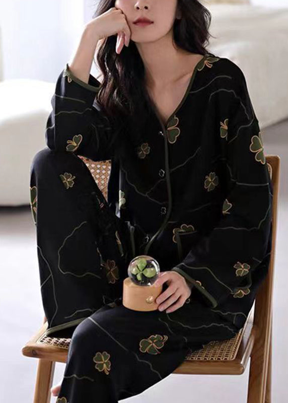 Elegant Black Print Button Cotton Two Pieces Set Long Sleeve XS1020 Ada Fashion