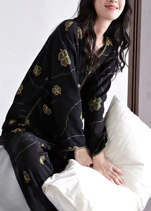 Elegant Black Print Button Cotton Two Pieces Set Long Sleeve XS1020 Ada Fashion