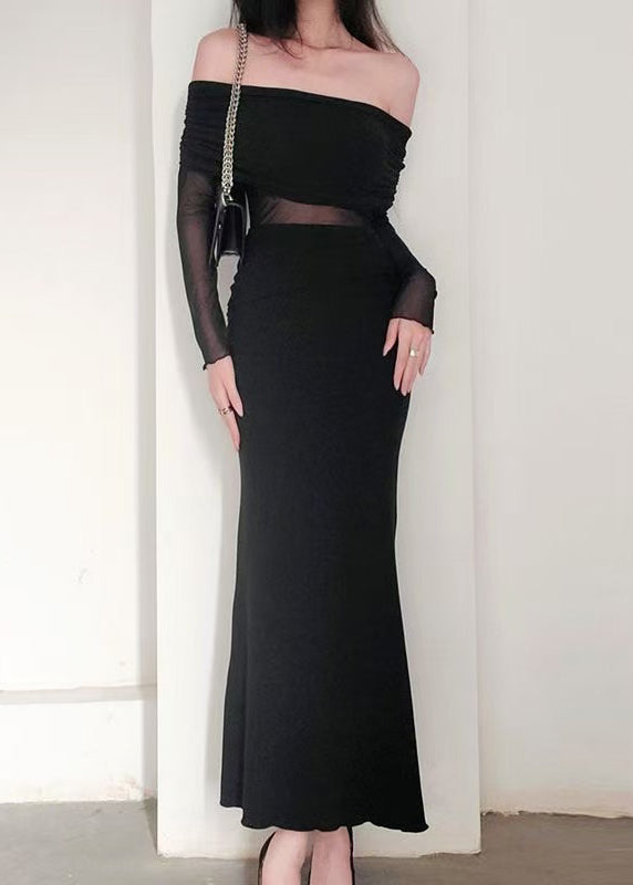 Elegant Black Slash Neck Tulle Patchwork Long Dress Spring YT017 ABC