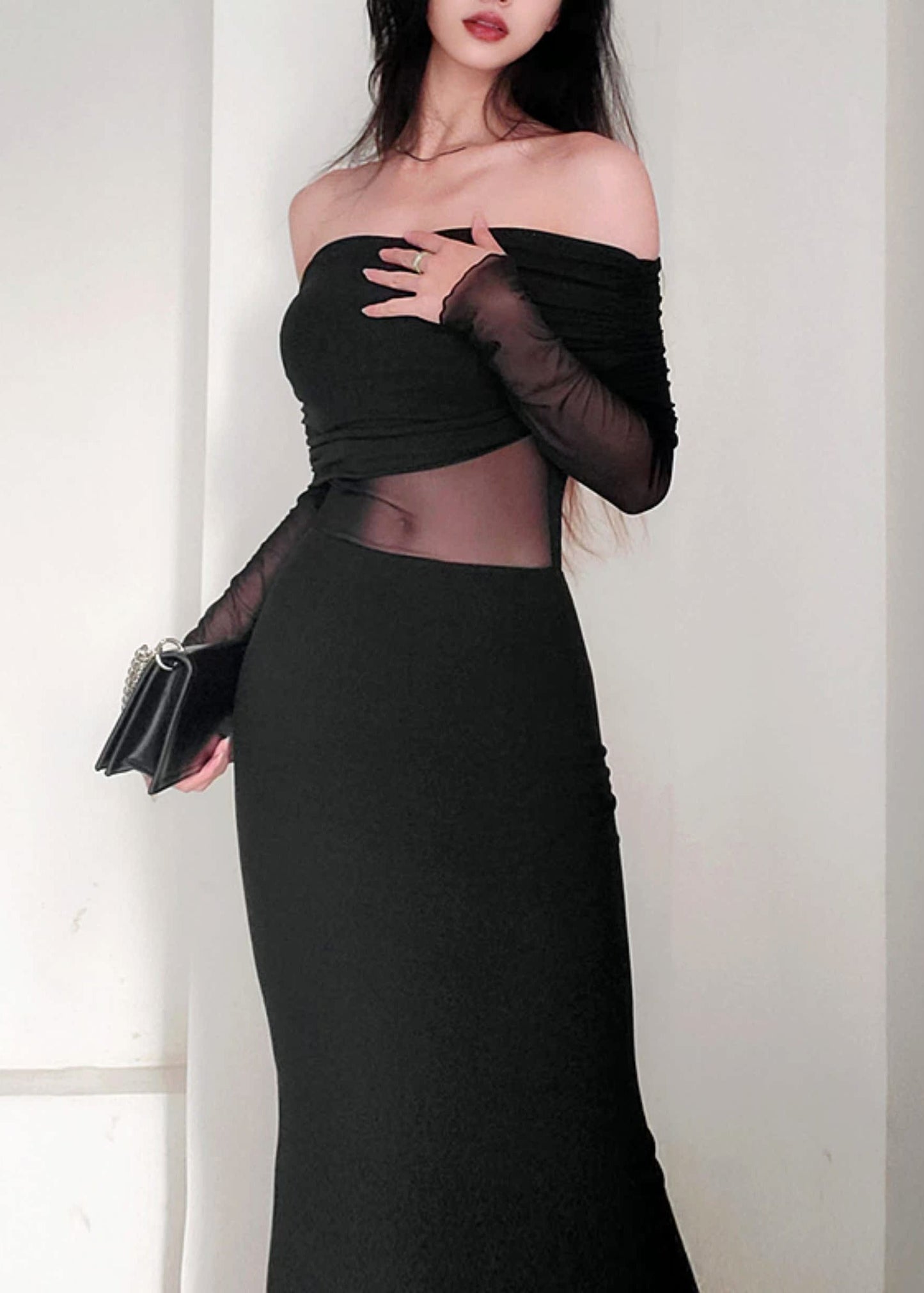 Elegant Black Slash Neck Tulle Patchwork Long Dress Spring YT017 ABC