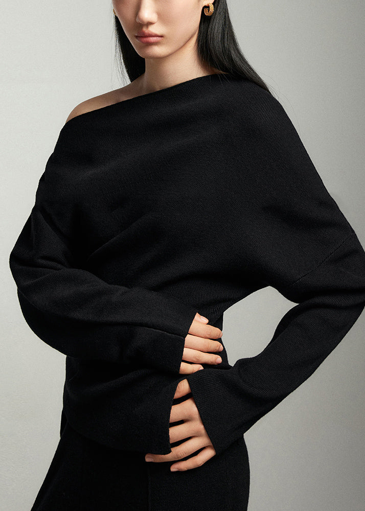 Elegant Black Slash Neck Woolen Sweaters Batwing Sleeve WE001 HS-NTP241028