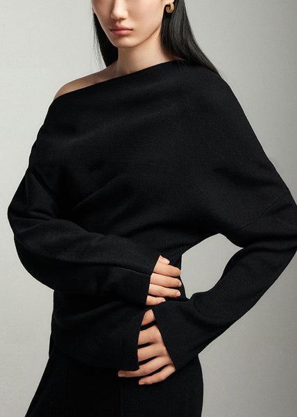 Elegant Black Slash Neck Woolen Sweaters Batwing Sleeve WE001 HS-NTP241028