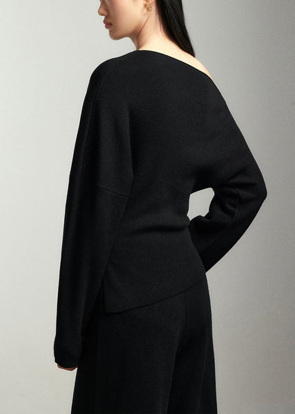 Elegant Black Slash Neck Woolen Sweaters Batwing Sleeve WE001 HS-NTP241028