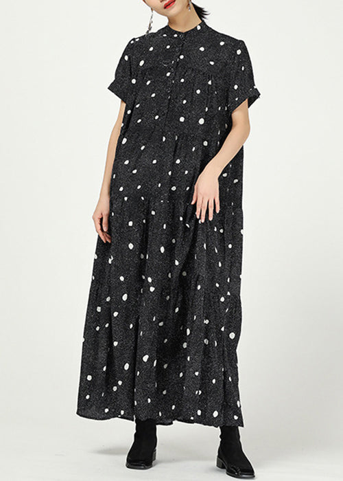 Elegant Black Stand Collar Print Cotton Dresses Short Sleeve AA1062 Ada Fashion