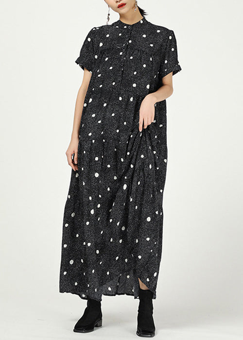 Elegant Black Stand Collar Print Cotton Dresses Short Sleeve AA1062 Ada Fashion
