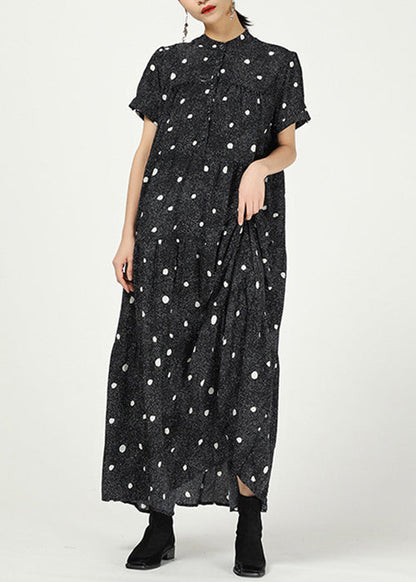 Elegant Black Stand Collar Print Cotton Dresses Short Sleeve AA1062 Ada Fashion