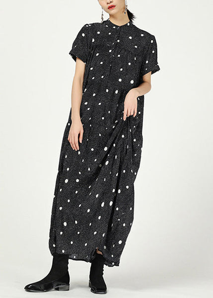 Elegant Black Stand Collar Print Cotton Dresses Short Sleeve AA1062 Ada Fashion