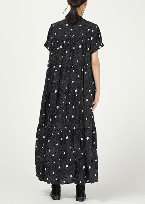 Elegant Black Stand Collar Print Cotton Dresses Short Sleeve AA1062 Ada Fashion