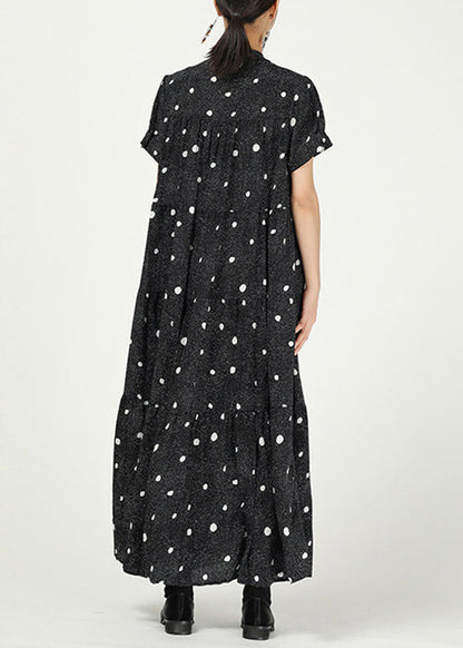 Elegant Black Stand Collar Print Cotton Dresses Short Sleeve AA1062 Ada Fashion