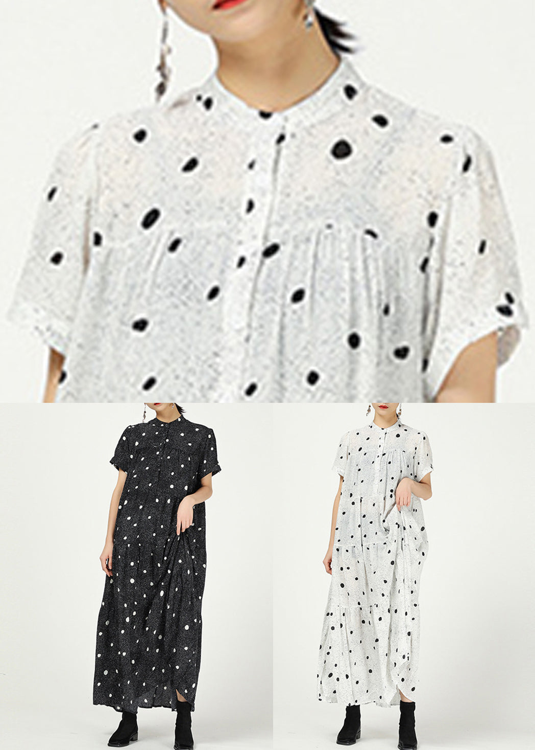 Elegant Black Stand Collar Print Cotton Dresses Short Sleeve AA1062 Ada Fashion