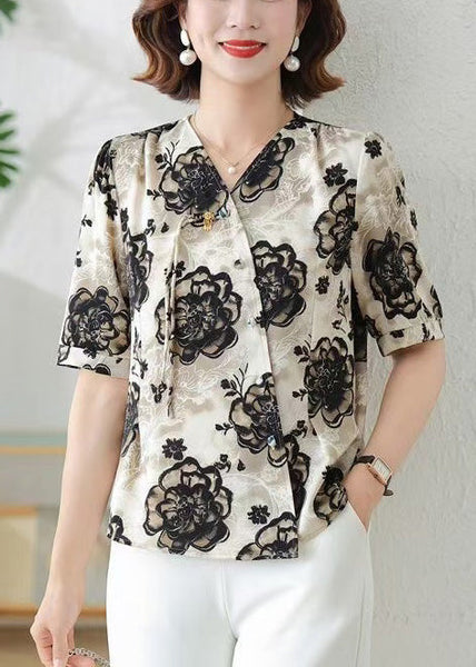 Print Shirts Tasseled Black Summer Elegant Silk FashionChic