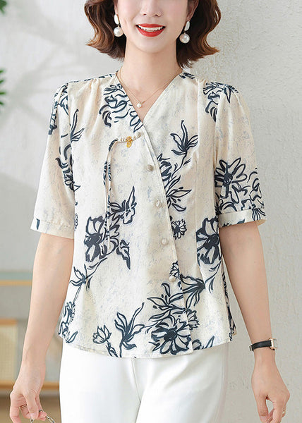 Print Shirts Tasseled Black Summer Elegant Silk FashionChic