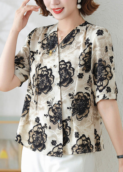 Print Shirts Tasseled Black Summer Elegant Silk FashionChic