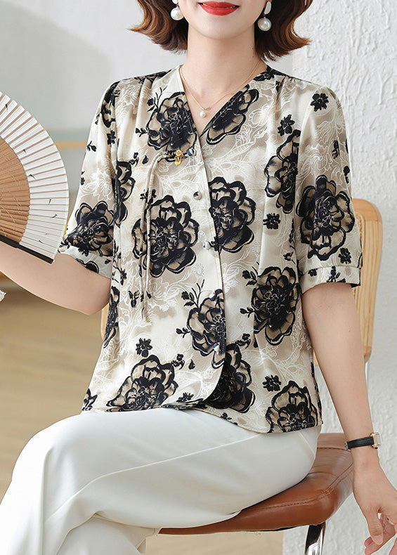 Print Shirts Tasseled Black Summer Elegant Silk FashionChic