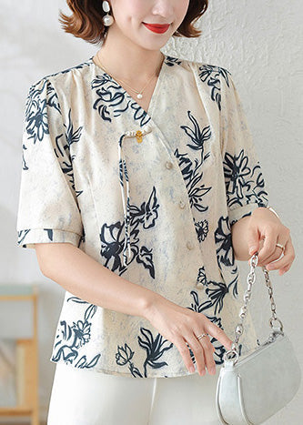 Print Shirts Tasseled Black Summer Elegant Silk FashionChic