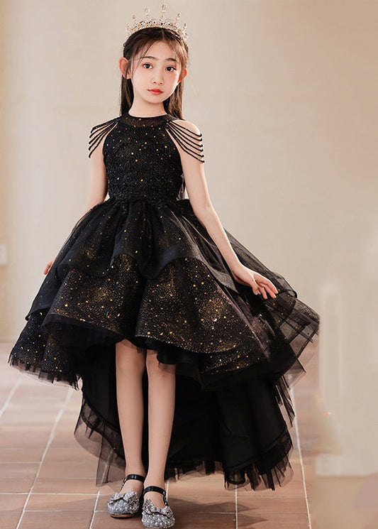 Elegant Black Turtleneck Dot Low High Design Tulle Girls Maxi Dress Summer YE006 ABC