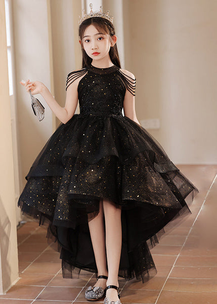 Elegant Black Turtleneck Dot Low High Design Tulle Girls Maxi Dress Summer YE006 ABC