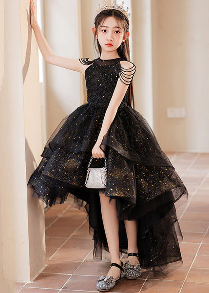 Elegant Black Turtleneck Dot Low High Design Tulle Girls Maxi Dress Summer YE006 ABC