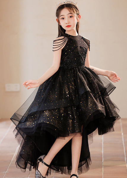 Elegant Black Turtleneck Dot Low High Design Tulle Girls Maxi Dress Summer YE006 ABC