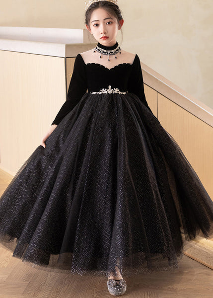 Elegant Black Turtleneck Silk Velour Patchwork Tulle Kids Maxi Dresses Fall RP033 ABC