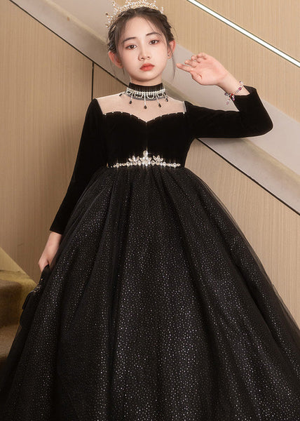 Elegant Black Turtleneck Silk Velour Patchwork Tulle Kids Maxi Dresses Fall RP033 ABC