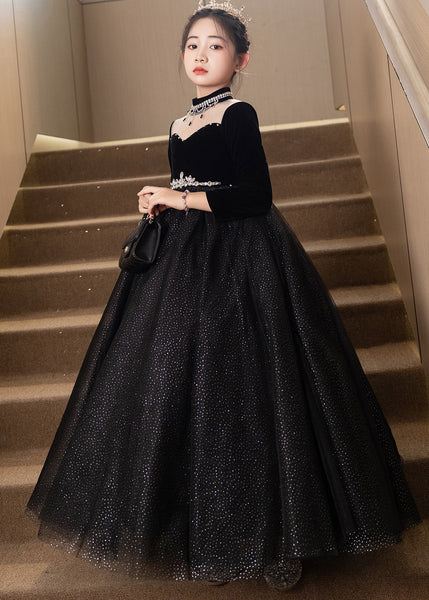 Elegant Black Turtleneck Silk Velour Patchwork Tulle Kids Maxi Dresses Fall RP033 ABC