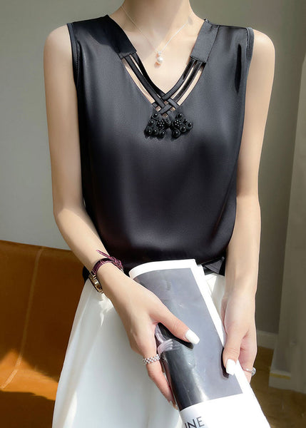 Sleeveless Hollow Tank V Black Silk Neck Out Elegant FashionChic