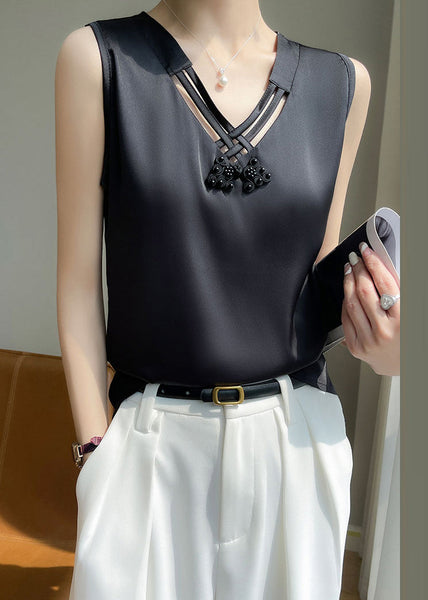 Sleeveless Hollow Tank V Black Silk Neck Out Elegant FashionChic