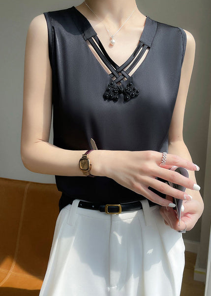 Sleeveless Hollow Tank V Black Silk Neck Out Elegant FashionChic