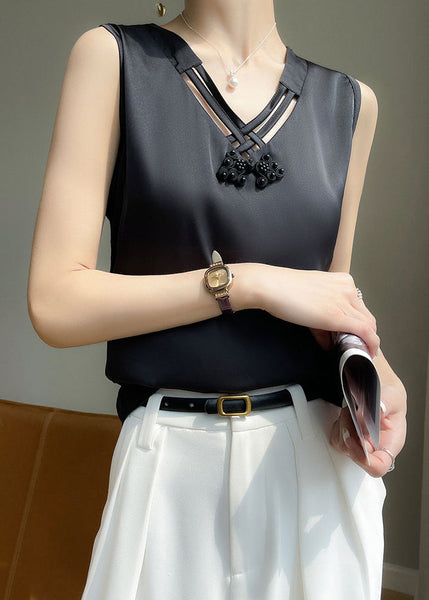 Sleeveless Hollow Tank V Black Silk Neck Out Elegant FashionChic
