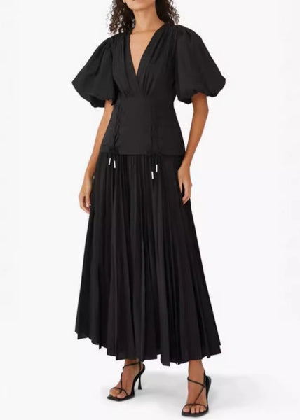 Elegant Black V Neck Lace Up Cotton Long Dresses Summer AU1011 OM-ZS240902