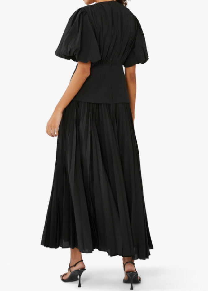 Elegant Black V Neck Lace Up Cotton Long Dresses Summer AU1011 OM-ZS240902