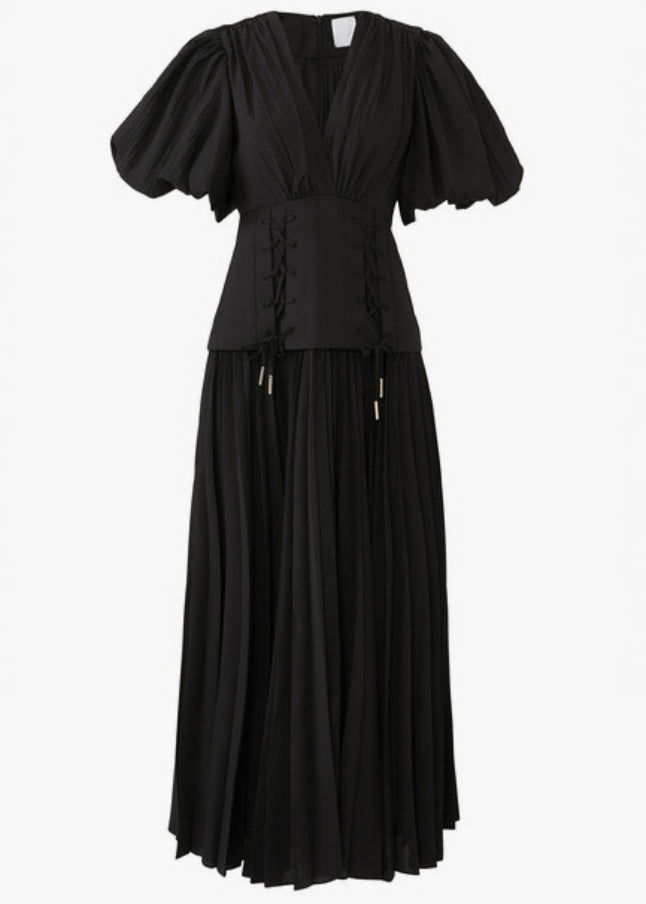 Elegant Black V Neck Lace Up Cotton Long Dresses Summer AU1011 OM-ZS240902