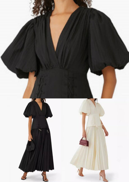 Elegant Black V Neck Lace Up Cotton Long Dresses Summer AU1011 OM-ZS240902