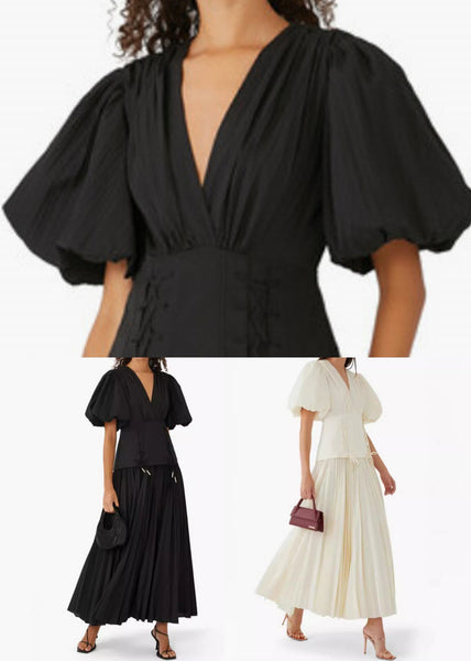 Elegant Black V Neck Lace Up Cotton Long Dresses Summer AU1011 OM-ZS240902