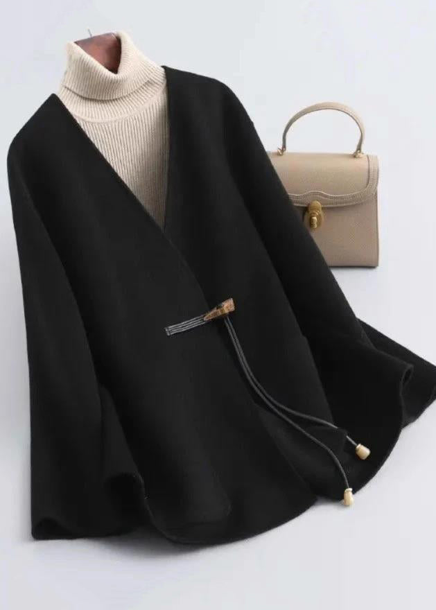 Elegant Black V Neck Pockets Woolen Coat Winter RS021 ABC