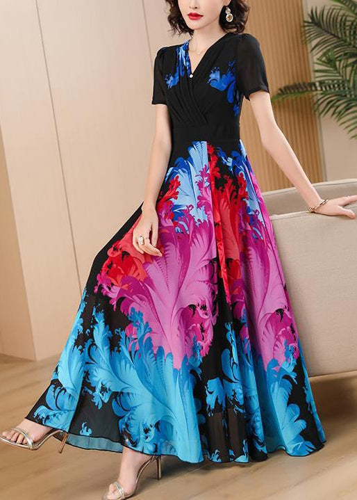 Elegant Black V Neck Print High Waist Chiffon Maxi Dresses Summer Ada Fashion