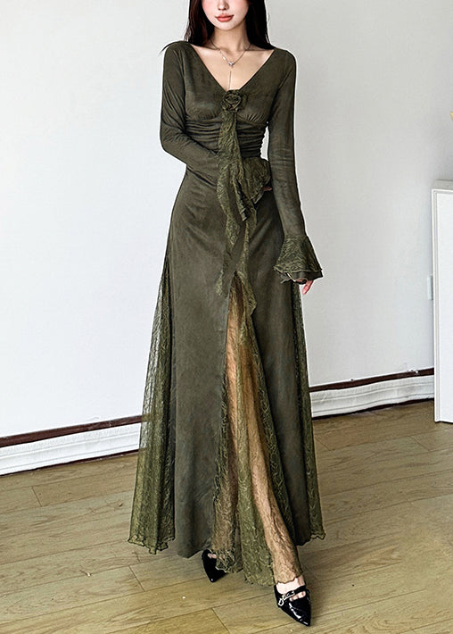 Elegant Blackish Green Patchwork Lace Long Dress Flare Sleeve YP047 ABC