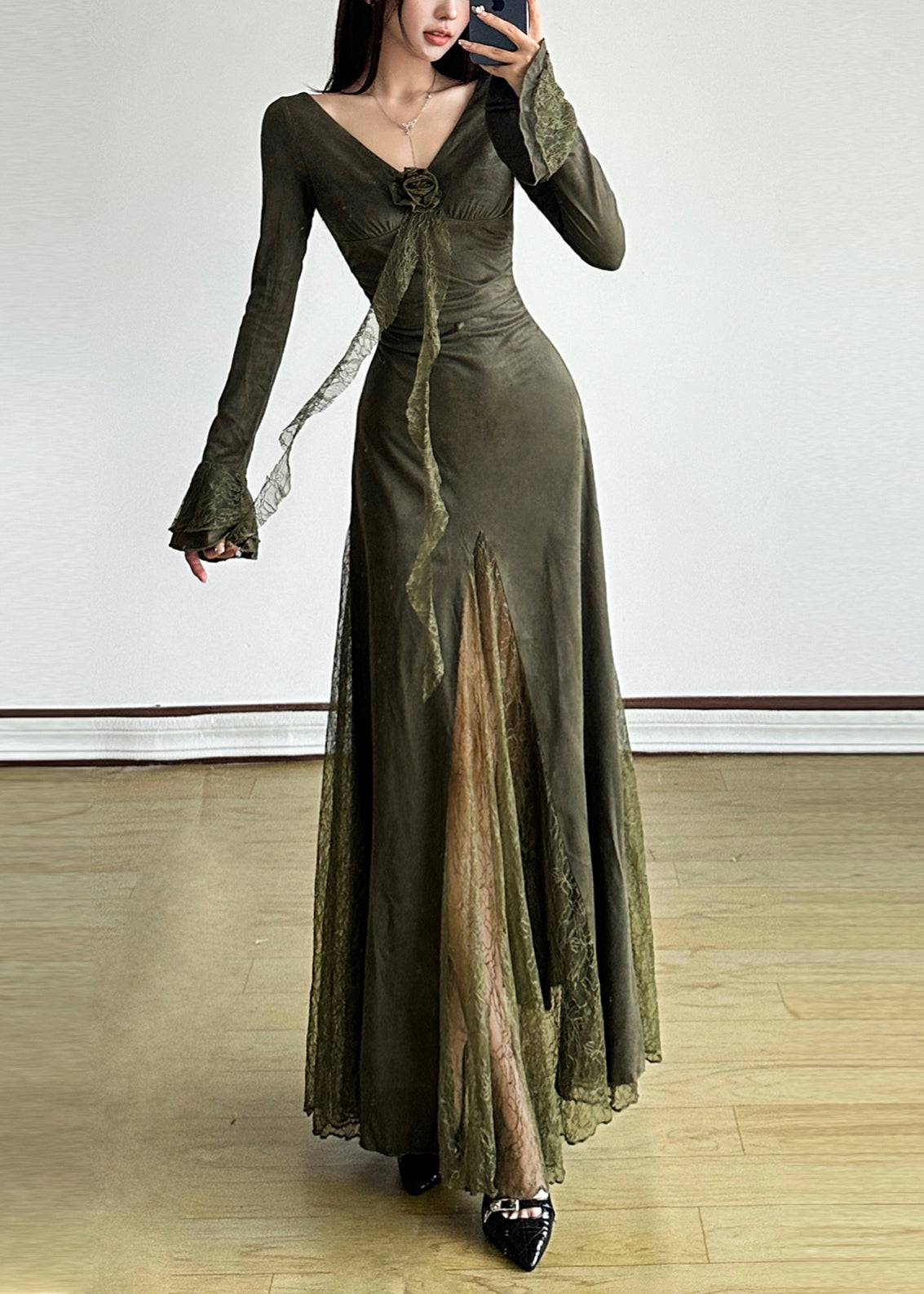 Elegant Blackish Green Patchwork Lace Long Dress Flare Sleeve YP047 ABC