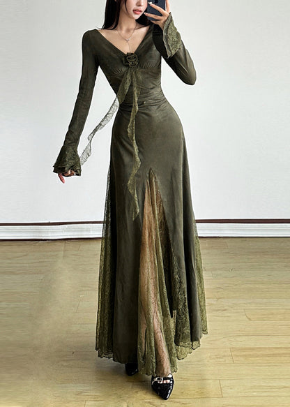 Elegant Blackish Green Patchwork Lace Long Dress Flare Sleeve YP047 ABC