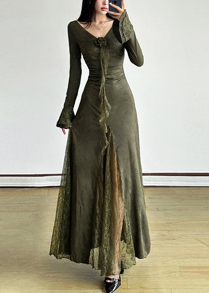 Elegant Blackish Green Patchwork Lace Long Dress Flare Sleeve YP047 ABC