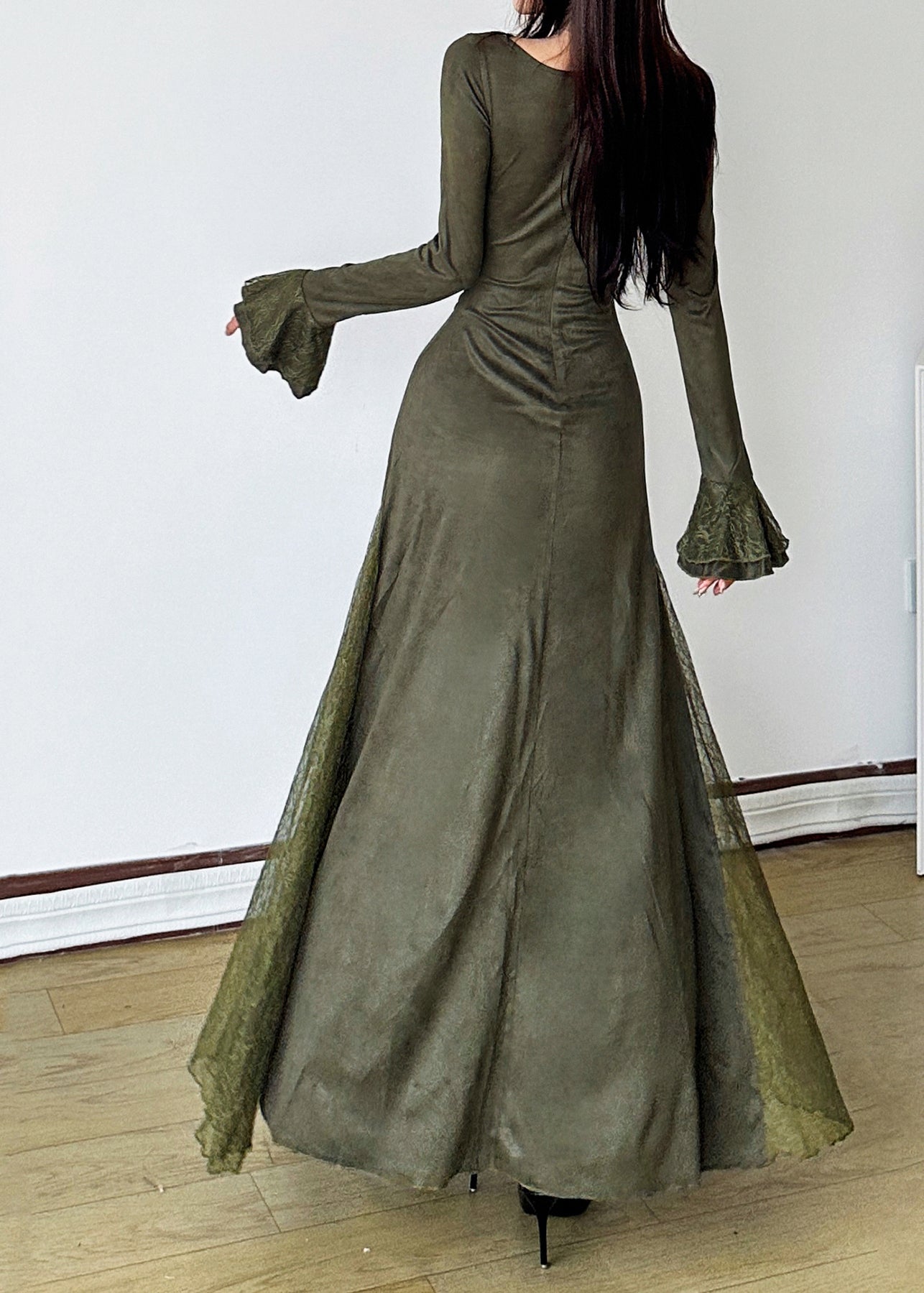 Elegant Blackish Green Patchwork Lace Long Dress Flare Sleeve YP047 ABC