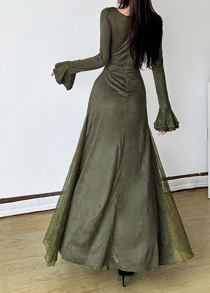 Elegant Blackish Green Patchwork Lace Long Dress Flare Sleeve YP047 ABC