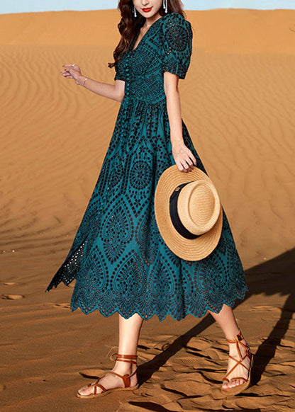 Green Out Blackish Hollow Cotton Summer Neck Dresses V Elegant FashionChic
