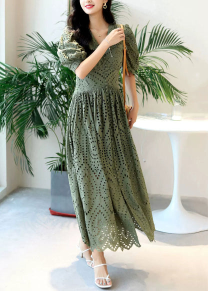 Green Out Blackish Hollow Cotton Summer Neck Dresses V Elegant FashionChic