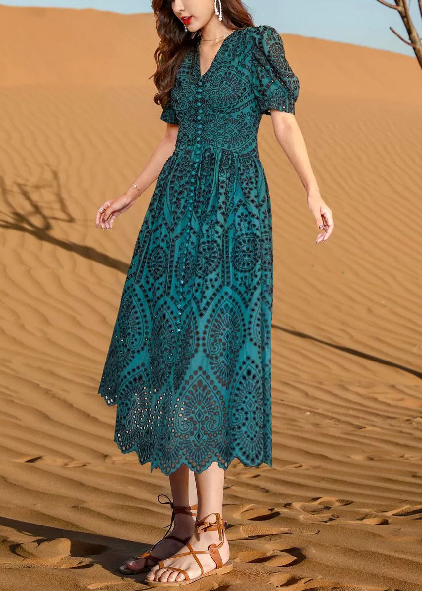Green Out Blackish Hollow Cotton Summer Neck Dresses V Elegant FashionChic