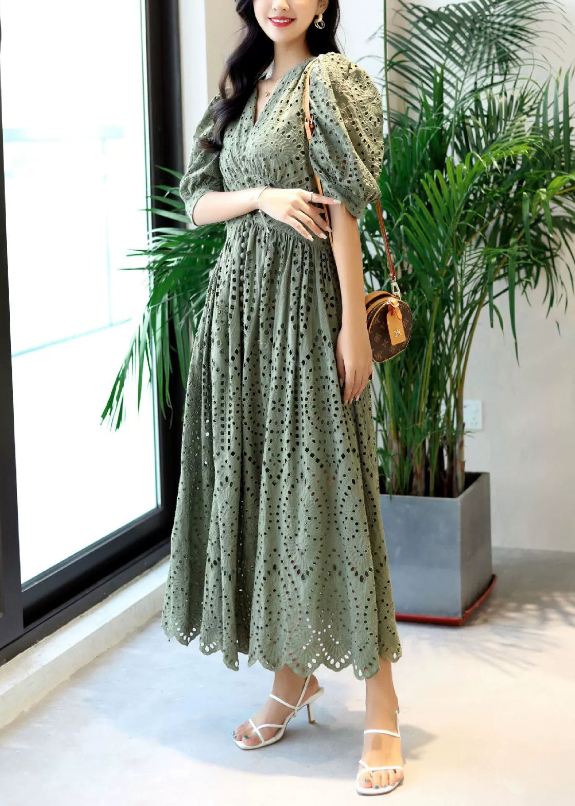 Green Out Blackish Hollow Cotton Summer Neck Dresses V Elegant FashionChic