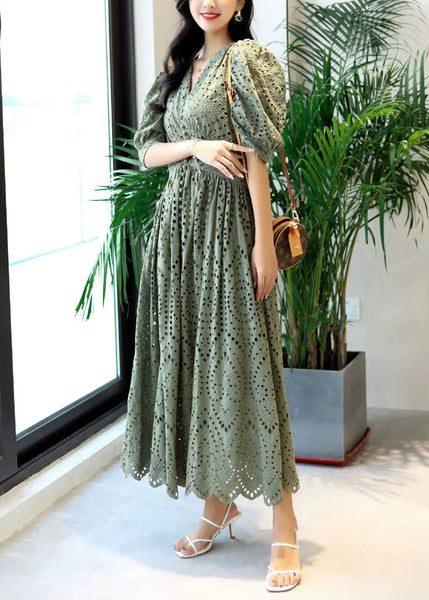 Green Out Blackish Hollow Cotton Summer Neck Dresses V Elegant FashionChic